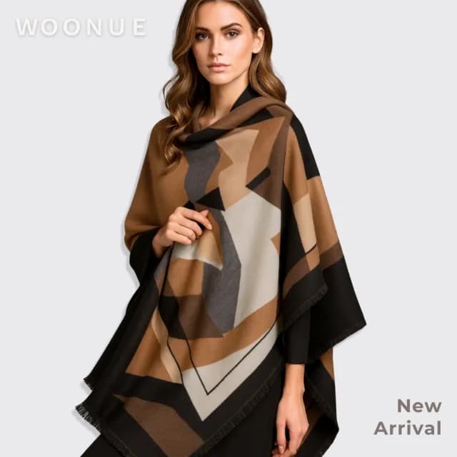 【WOONUE】高質感女士歐美專櫃秋冬時尚柔軟針織親膚保暖寬版斗篷圍巾披肩(閨蜜女友老婆媽媽情人生日禮物)