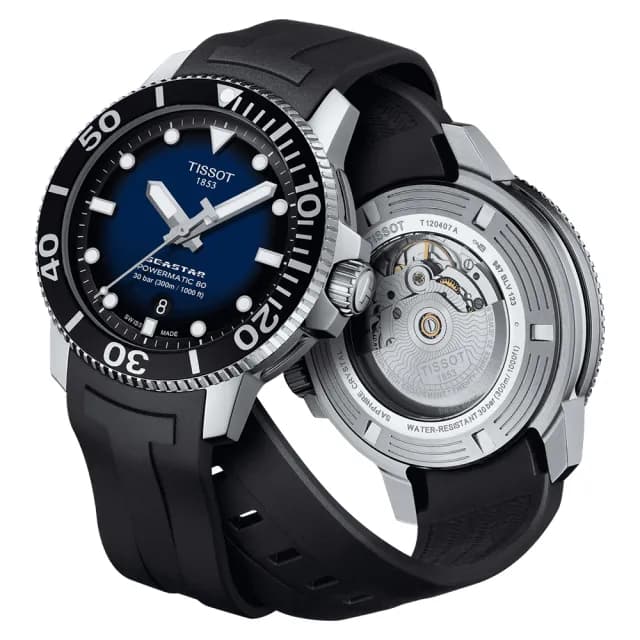 【TISSOT 天梭】Seastar 1000海星300米潛水機械錶-43mm/藍X黑(T1204071704100)
