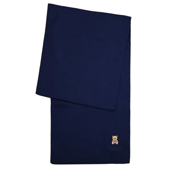 【MOSCHINO】簡約電繡小熊LOGO純羊毛保暖披肩長圍巾(深藍)