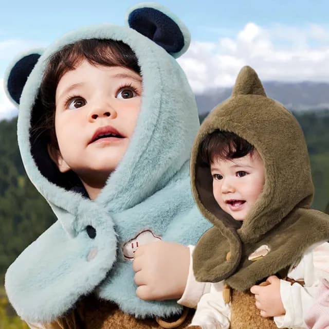 【橘魔法】兔毛絨動物耳朵保暖連帽圍脖(套脖 連帽披肩 披肩帽 帽子 脖圍 圍巾 防風帽 配件 寒流 兒童)