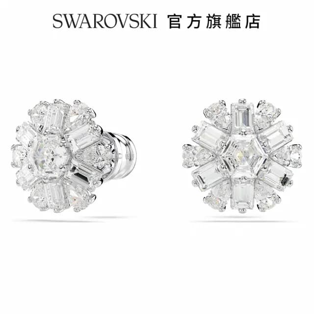 【SWAROVSKI 施華洛世奇】Idyllia 耳釘 混合式切割 雪花 白色 鍍白金色(情人節禮物)