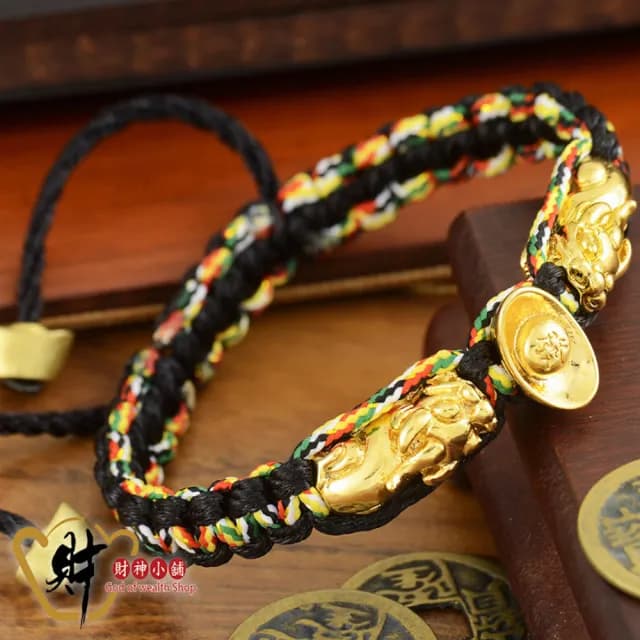 【財神小舖】雙搶貔貅發財五色線手鍊(已開光 招財 元寶 開運手鍊 高雄進寶財神廟)