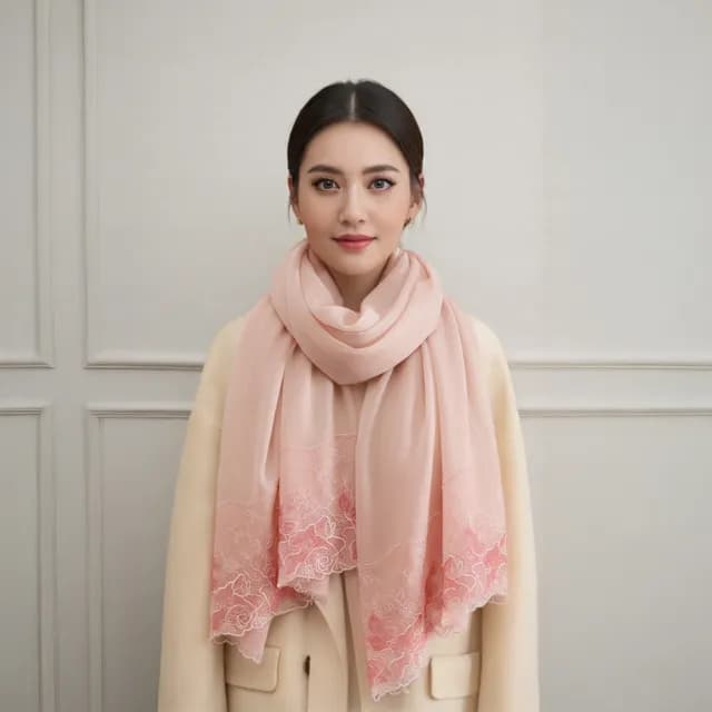 【I.Dear】100%羔羊毛花朵刺繡200支紗水溶羊毛圍巾披肩(羔羊絨/交換禮物)