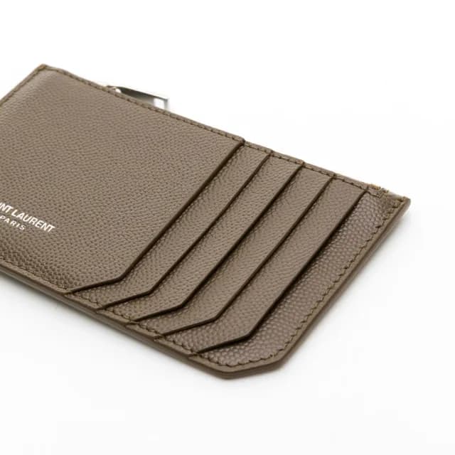 【YSL】細粒 皮革 卡夾 零錢包(銀拉鍊/暗象灰色)