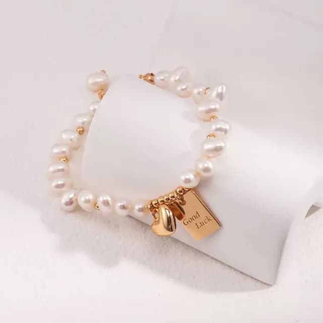 【SUMMER 一夏】雙11 法式巴洛克不規則珍珠幸運方牌愛心吊墜精緻輕奢手鍊(法式巴洛克風)