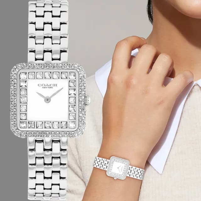 【COACH】Cass 復古方型輕奢晶鑽女錶 手錶-銀/24mm 禮物 送禮 推薦(CO14504558)
