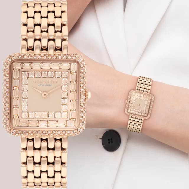 【COACH】Cass 復古方型輕奢晶鑽女錶 手錶-玫瑰金/28mm 禮物 送禮 推薦(CO14504577)