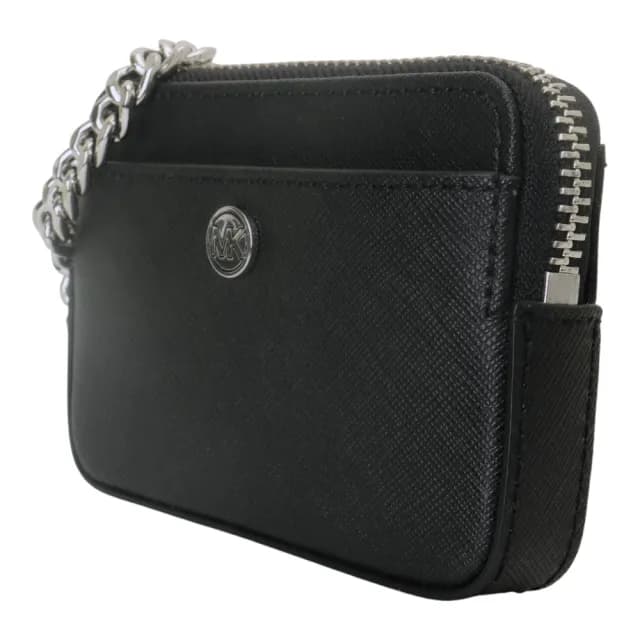 【Michael Kors】小圓MK 防刮銀鍊帶方型卡夾/零錢包(黑)