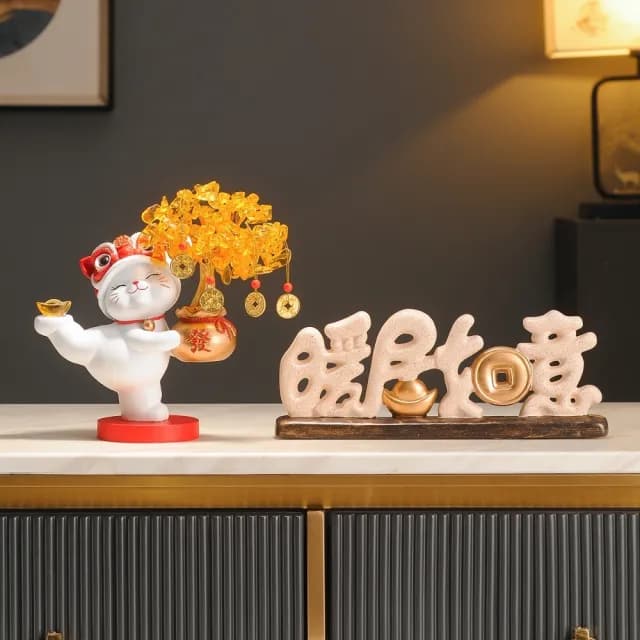 【巨匠】擺件 發財樹招財貓擺件 酒櫃電視櫃開業禮物 店鋪收銀臺擺件 客廳喬遷新居禮品(發財樹招財貓)