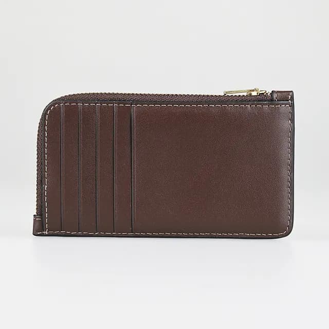 【COACH】COACH New York燙印金字LOGO小牛皮5卡拉鍊卡夾零錢包(楓木褐)