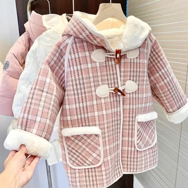 【橘魔法】粉嫩格紋毛絨連帽長袖外套(大衣 外套 厚外套 連帽外套 女童 兒童 中童 童裝)