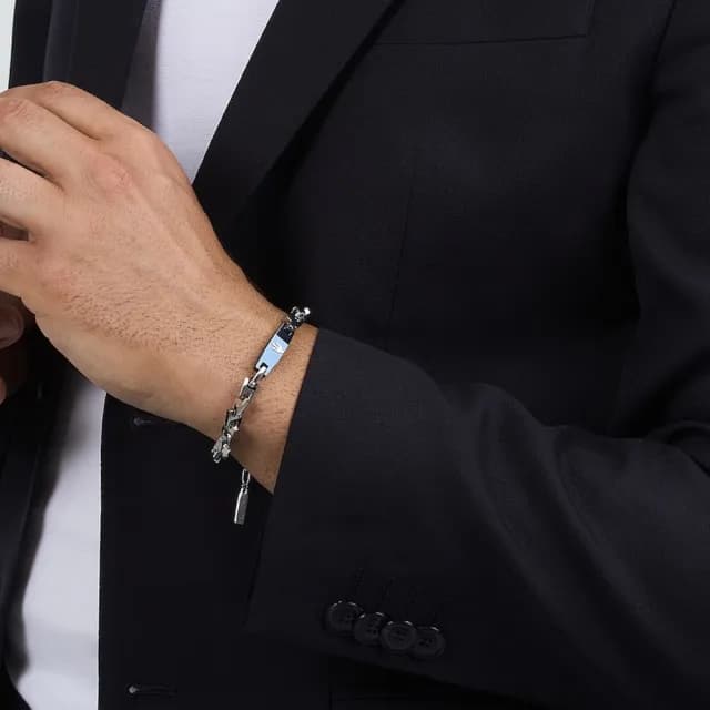 【MASERATI 瑪莎拉蒂】Iconic 經典之徽三叉戟不鏽鋼網鍊手鍊-銀色x 經典藍 JM425AVD105