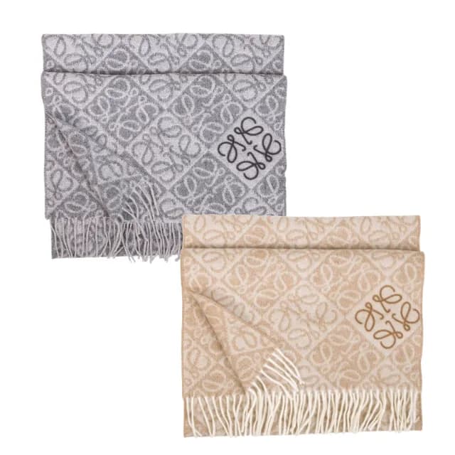 【LOEWE 羅威】Anagram羊毛喀什米爾混紡LOGO植絨圍巾(多色任選)