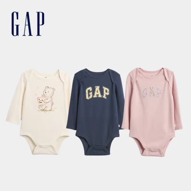 【GAP】嬰兒裝 小熊刺繡/印花圓領長袖包屁衣-多色任選(816516)