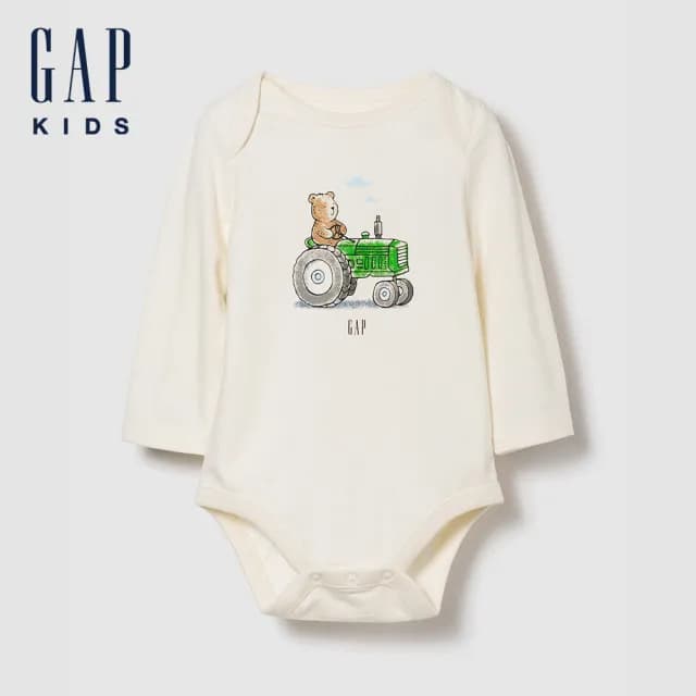 【GAP】嬰兒裝 小熊刺繡/印花圓領長袖包屁衣-多色任選(816516)