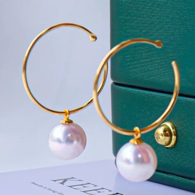 【La Corser】大C款 8.5-9mm 日本 Akoya 珍珠 耳環 耳圈 18K金 天然海水珍珠 耳飾 正圓 天女級