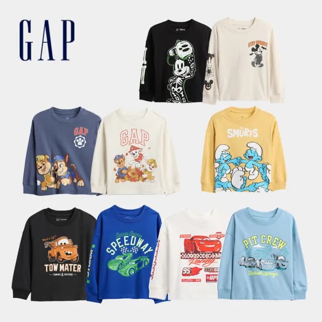 【GAP】男幼童裝  Logo純棉印花圓領長袖T恤上衣-多款任選(814494&824652&814327&824718)