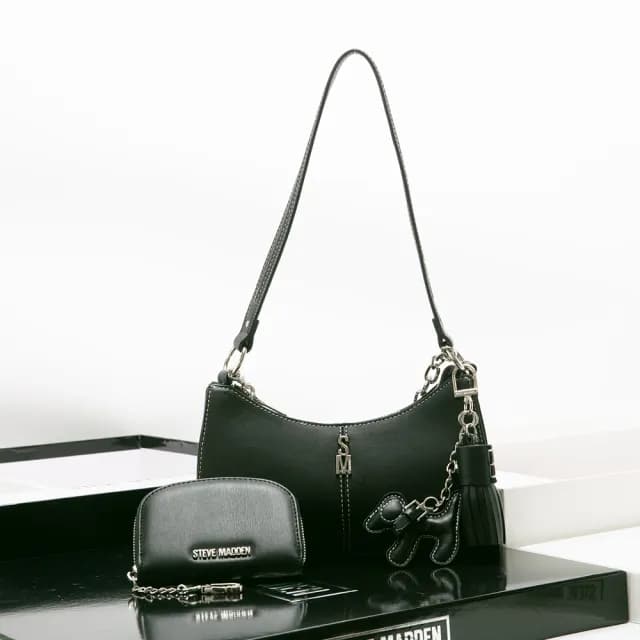 【steve madden】雙背帶腋下包/零錢包三件禮盒組(黑色)