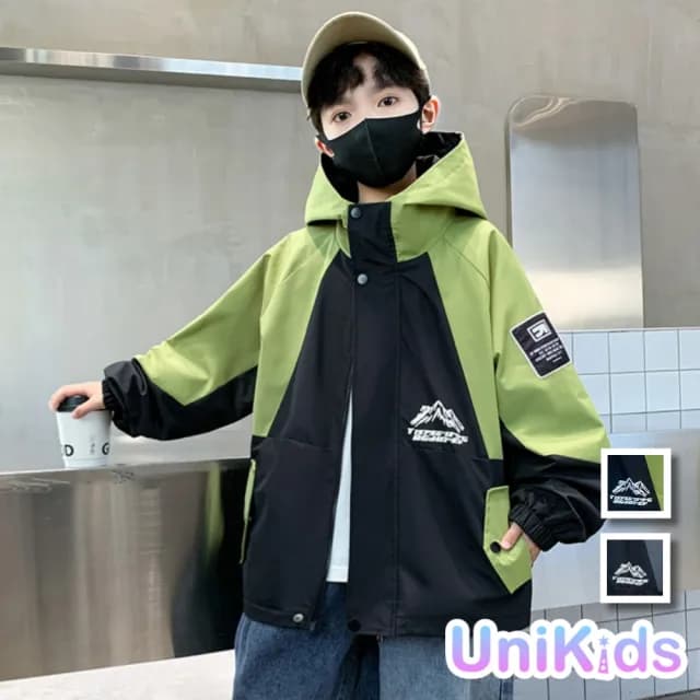 【UniKids】秋中大童裝長袖連帽外套 撞色衝鋒衣夾克  男大童裝 VP9918(綠 黑)