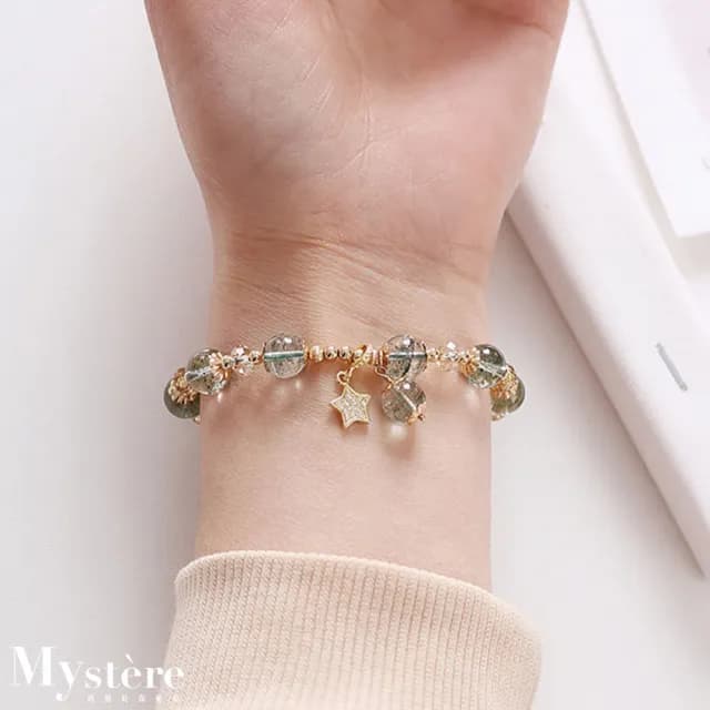 【my stere 我的時尚秘境】雙11 綠幽靈水晶星星吊墜手鍊(水晶手鍊 天然水晶手串 綠水晶 奧地利水晶)