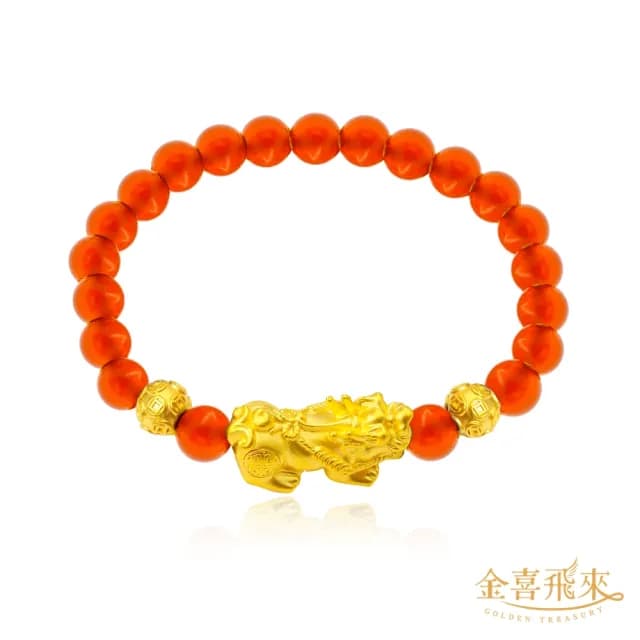 【金喜飛來】黃金手鍊貔貅雙金錢珠6mm瑪瑙(0.32錢±0.03)