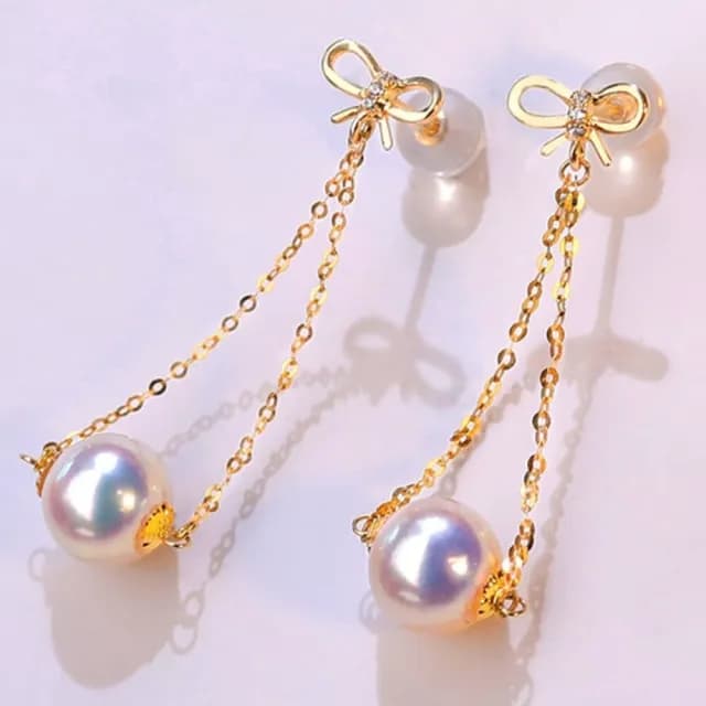 【La Corser】8-8.5mm 天然日本 Akoya 海水珍珠 耳釘 18K金 蝴蝶結 流蘇耳環 長款耳飾