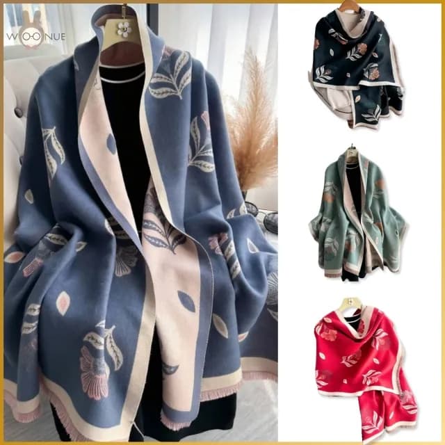 【WOONUE】專櫃時尚氣質超柔羊毛質感森林女孩系列圍巾百搭圍巾披肩披風冷氣披肩(送禮生日媽媽女友老婆禮物)