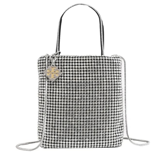 【TORY BURCH】經典雙T吊飾璀璨滿版水鑽迷你手袋包兩用包(銀鑽)