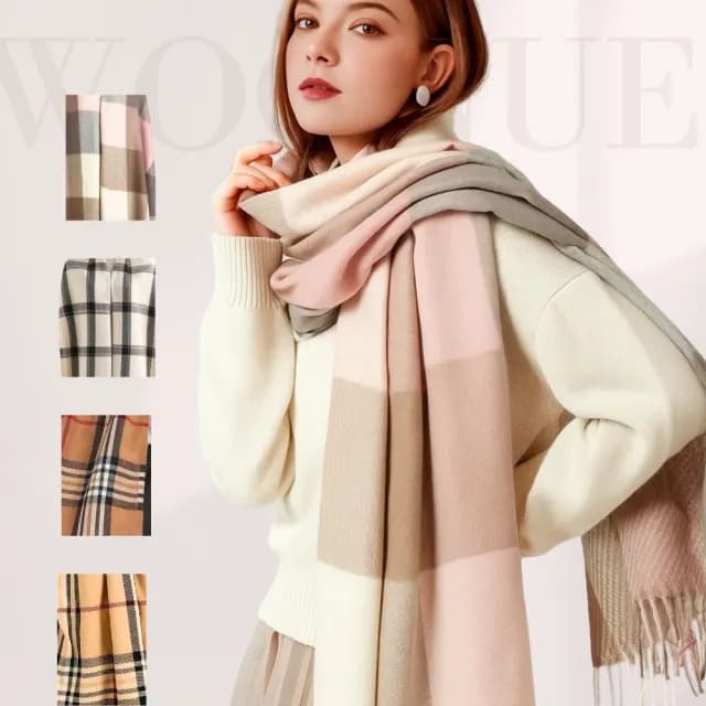 【WOONUE】英倫格紋超柔羊毛絨質感圍巾披肩空調百搭圍巾絲巾斗篷粉色白(生日媽媽女友老婆聖誕交換禮物)