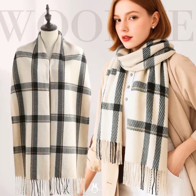【WOONUE】英倫格紋超柔羊毛絨質感圍巾披肩空調百搭圍巾絲巾斗篷粉色白(生日媽媽女友老婆聖誕交換禮物)