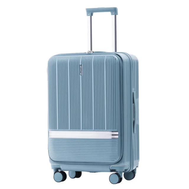 【Batolon 寶龍】100%純PC前開式開合95%防爆拉鍊行李箱(淺灰藍/大容量/防爆/PC)