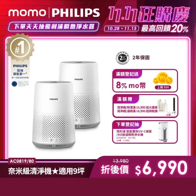 【Philips 飛利浦】買一送一 奈米級空氣清淨機 雙入組(AC0819)