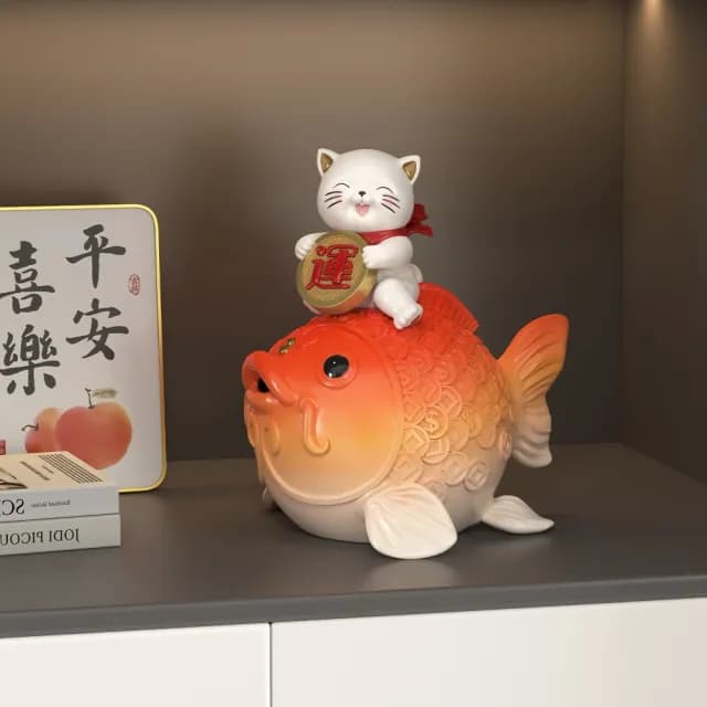 【超微米】鴻運當頭錦鯉招財貓擺件 客廳玄關電視櫃收銀台裝飾品 喬遷開業禮物(22*20*24CM)