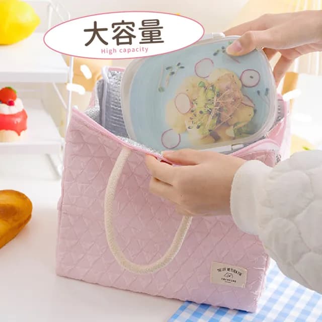 【少女便當袋】情人節禮物 戶外野餐菱格保冷保溫袋(防水包  便攜 大容量 粉紅色 保冰袋 手提袋 午