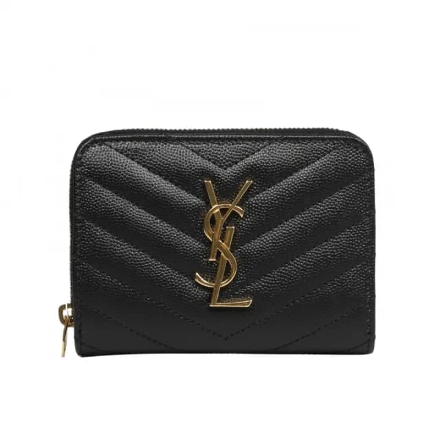 【YSL】SAINT LAURENT Cassandre 荔枝牛皮 拉鍊 釦式 短夾 卡夾 零錢包 金字 皮夾 黑色 668288