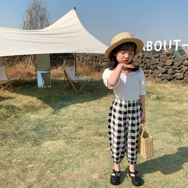 【橘魔法】黑白滿印薄縮口褲(九分褲 防蚊褲 空調褲 薄長褲 褲子 女童 兒童 童裝)