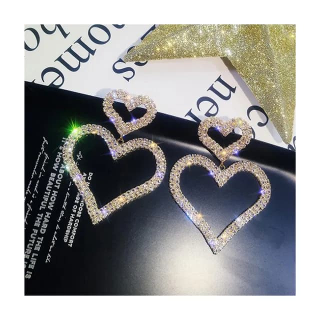 【SECRET BOX】雙愛心耳環 排鑽耳環/韓國設計S925銀針閃耀華麗雙愛心排鑽造型耳環(2色任選)