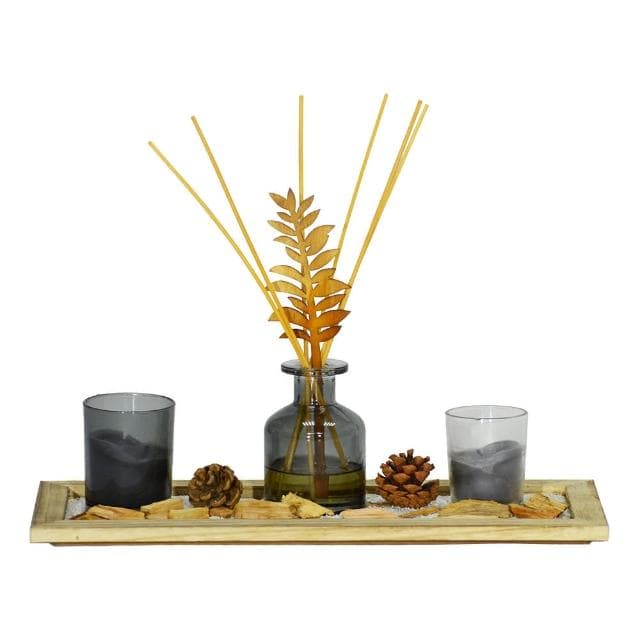【YU Living 信歐傢居】白茶香氛蠟燭禮盒盤飾組 香氛擴香瓶 蠟燭杯(蠟重150g/香氛100ml)