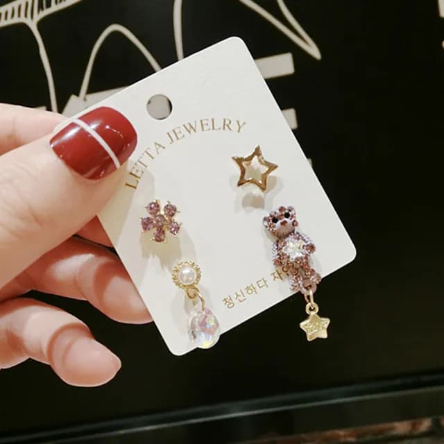 【BBHONEY】韓風設計耳飾 4件套 鑲鑽小熊 可愛星星耳釘 耳環(網美必備款)
