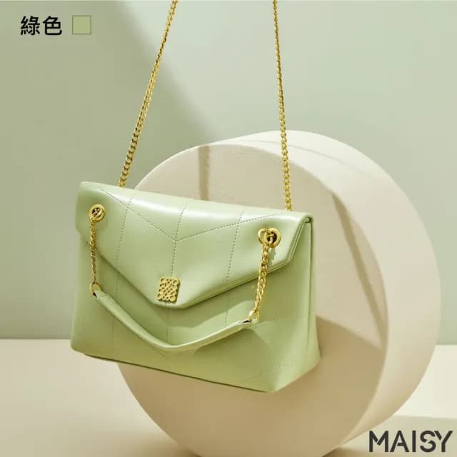 【MAISY】情人節禮物 經典百搭真皮鍊條郵差包(真皮包包 現+預  綠色／白色／黑色／米色)