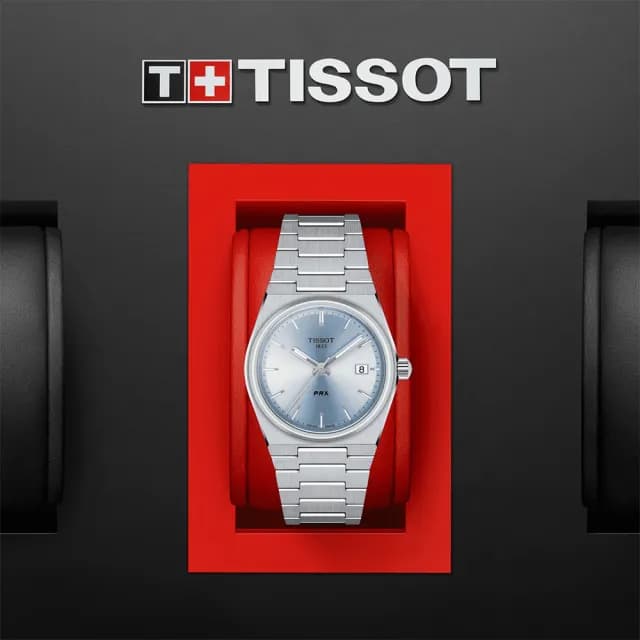 【TISSOT 天梭 官方授權】PRX系列 70年代復刻石英女錶-冰藍/35mm 手錶 送禮 推薦(T1372101135100)