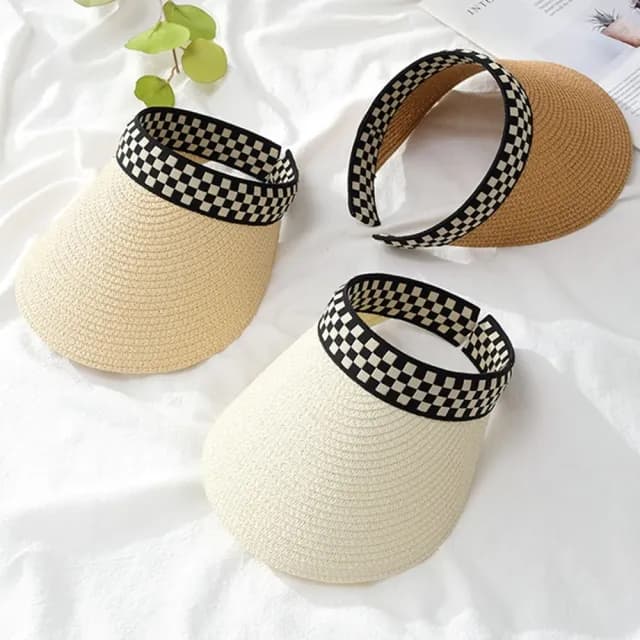 【米蘭精品】現貨+預購 空頂帽防曬帽(黑白格草編長帽簷遮陽男女帽子母親節禮物6色74cp24)