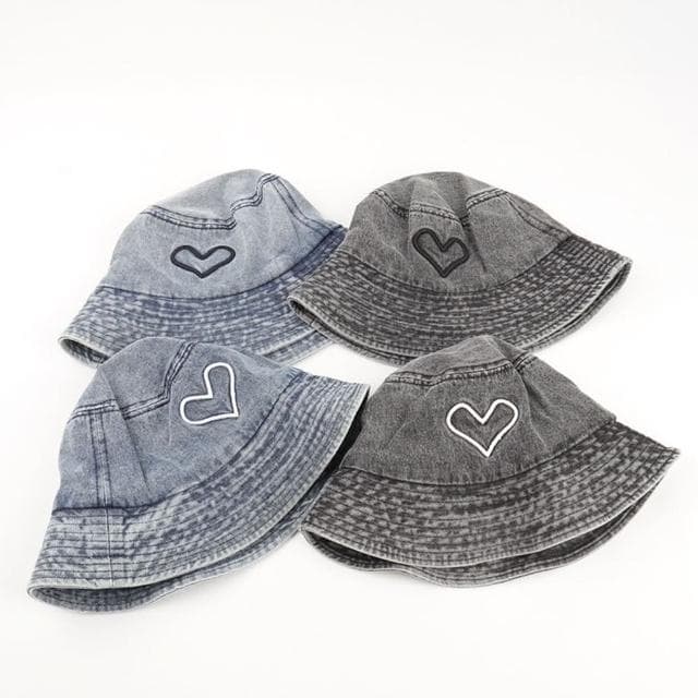 【米蘭精品】現貨+預購 漁夫帽遮陽帽(愛心刺繡平頂牛仔男女帽子情人節生日聖誕節交換禮物4色74cq53)