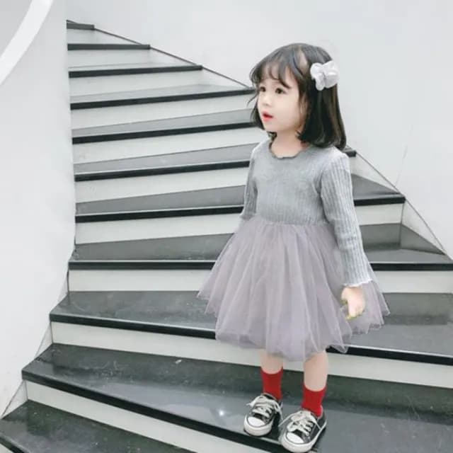 【橘魔法】直條紋路木耳邊澎澎紗裙洋裝(連身洋裝 澎澎裙 蓬蓬裙 中童 童裝 女童)