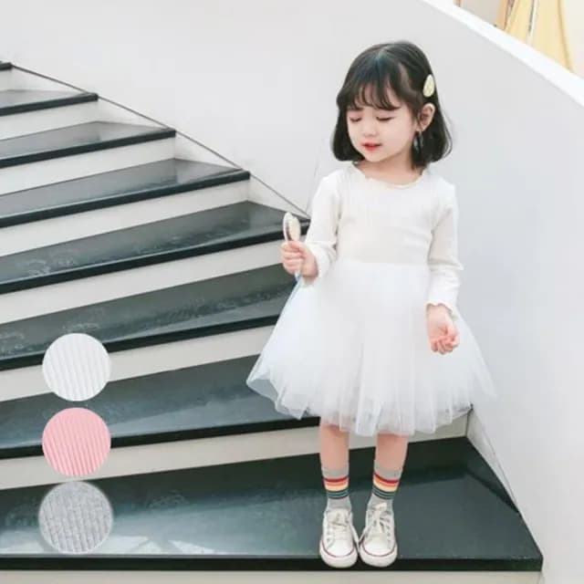 【橘魔法】直條紋路木耳邊澎澎紗裙洋裝(連身洋裝 澎澎裙 蓬蓬裙 中童 童裝 女童)