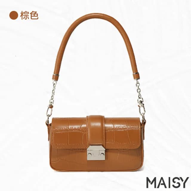 【MAISY】情人節禮物 質感鏈條鱷魚紋真皮單肩斜背包(真皮包包 現+預  白 / 灰 / 棕 / 咖啡)