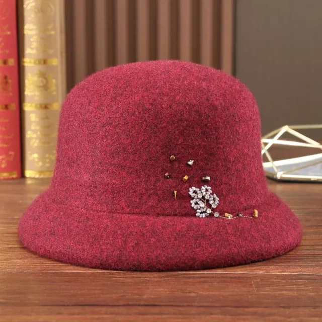【米蘭精品】現貨+預購 羊毛帽漁夫帽(保暖鑲鑽釘珠毛呢盆帽女帽子情人節生日聖誕節交換禮物4色74dq21)