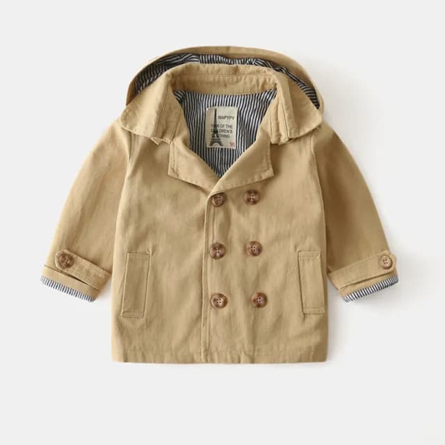 【橘魔法】翻領卡其風衣排扣連帽外套(連帽可拆 長袖外套 風衣 中性款 男童 女童 兒童 童裝)
