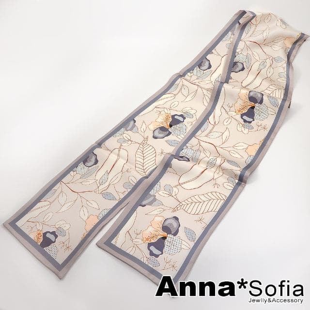 【AnnaSofia】仿絲領巾絲巾圍巾-線框扶桑緞面 現貨(粉米底系)