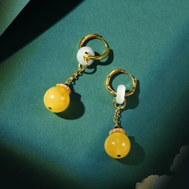 【巴黎精品】現貨+預購 蜜蠟耳環925純銀耳圈(和闐白玉平安扣鑲鑽女飾品p1ax37)